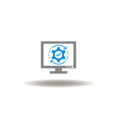 Vector illustration of computer monitor and round arrows process with gear wheel, check mark. Icon of electronic development programming work. Symbol of computer engineering.