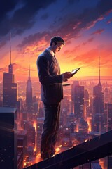Professional man standing on building ledge, engrossed in phone, at sunset