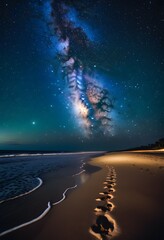 Milky Way Galaxy over Ocean Beach with Footprints