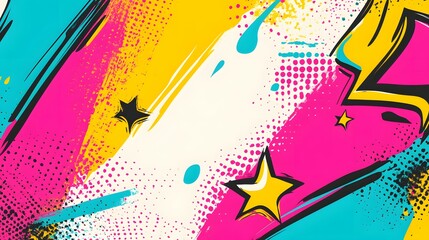 Vibrant, dynamic abstract design with bold colors and comic book style elements.