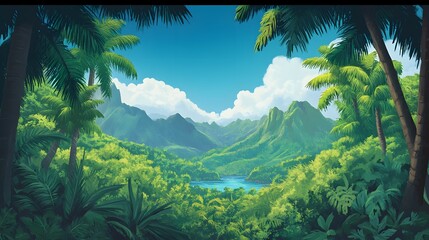Fototapeta premium Lush tropical valley, framed by palm trees, and mountains.