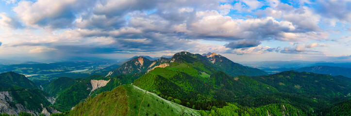 Alpine mountains - view from Golica peak in Karavanke range, Slovenia. Panoramic view