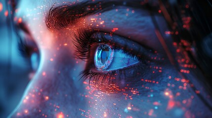 Futuristic Blue Eye Glowing Red Sparks in Cyberpunk Portrait Art.