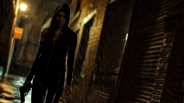 Young woman in black clothes walks with gun in rain, mercenary or killer holding weapon, pistol on dark alley at night. Concept of spy, murderer.