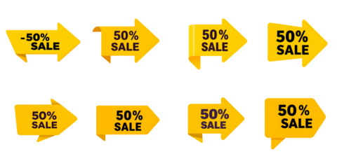 Yellow Arrow Sale Badges Set – 50% Off Discount Labels for Promotions