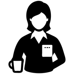 Female Office Worker with Coffee Mug Black Vector Icon for Work-Life Balance Illustrations, HR Platforms, and Casual Business Interface Graphics on Transparent Background