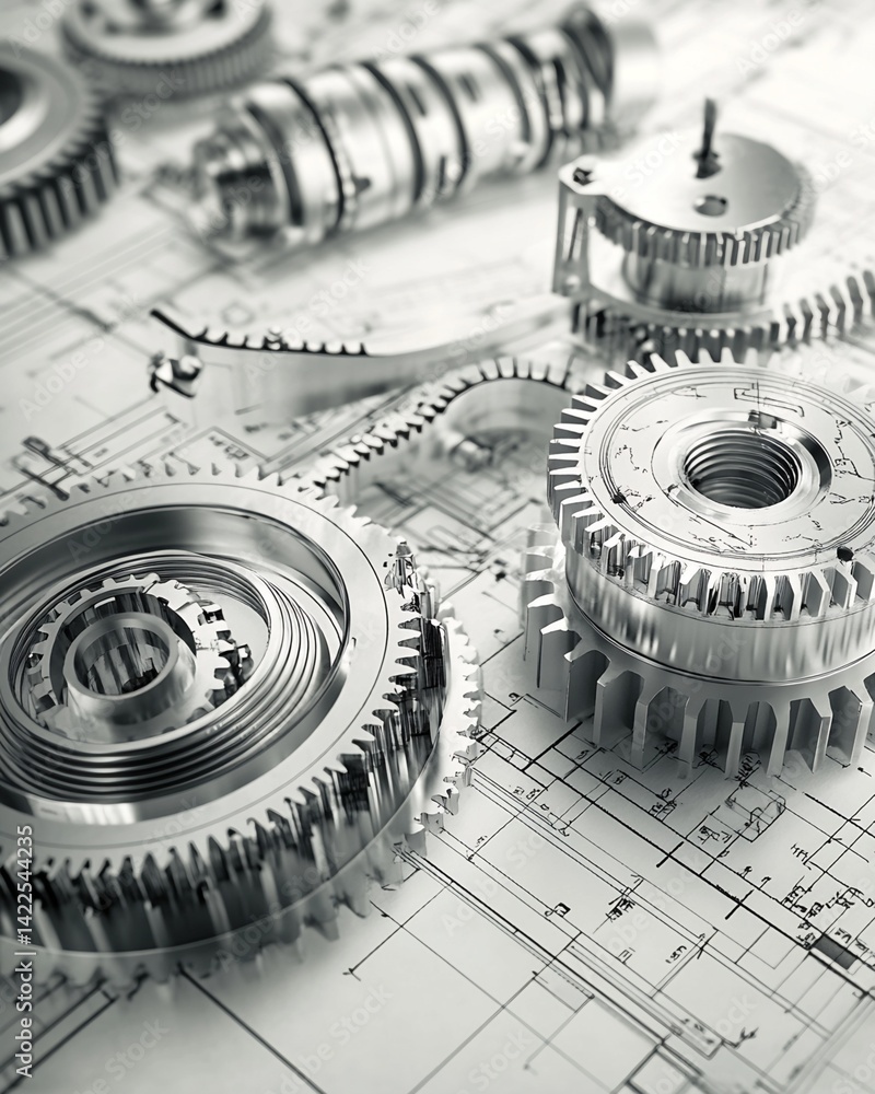 Poster metallic gears and components on engineering blueprint