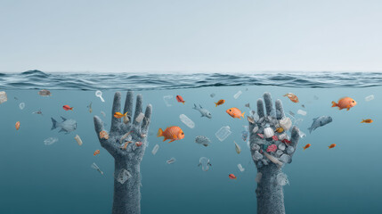 Ocean conservation plastic balanceHands rise from ocean filled with plastic highlighting conservation balance