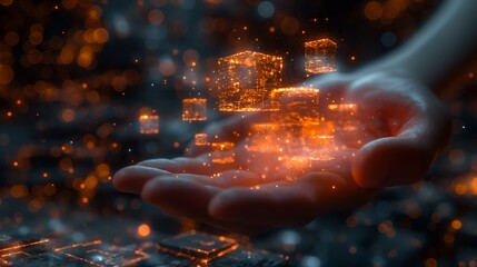 Orange Glowing Cubes Abstract Digital Data, Futuristic Network Connection Concept.