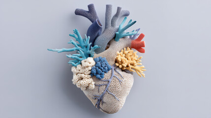 Ocean conservation plastic balanceheart shaped sculpture made of colorful coral pieces highlights ocean conservation and balance of nature