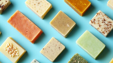 Organic handmade soaps, perfect for spa treatments.  Various bars shown against a blue background.
