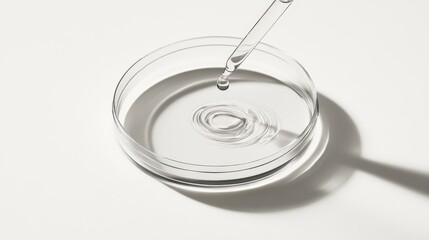 Retinol serum is poured from a dropper onto a petri dish.  The photo shows strong shadows against a white background.  This is a sample of skincare product.

