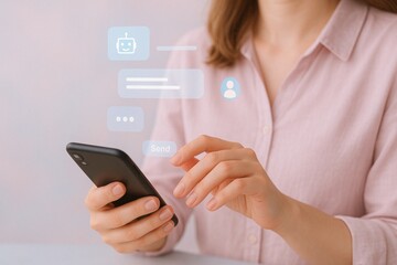 Businesswoman is using a chatbot on her smartphone for customer support, sending messages and receiving automated responses, highlighting the efficiency of ai in modern communication
