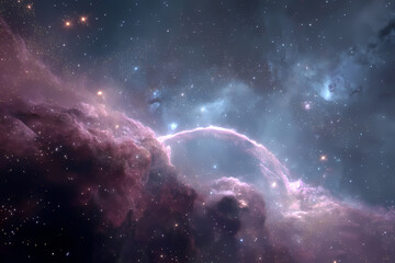 Mesmerizing cosmic scene featuring shimmering silver planetary rings drifting through interstellar clouds under infinite starfield