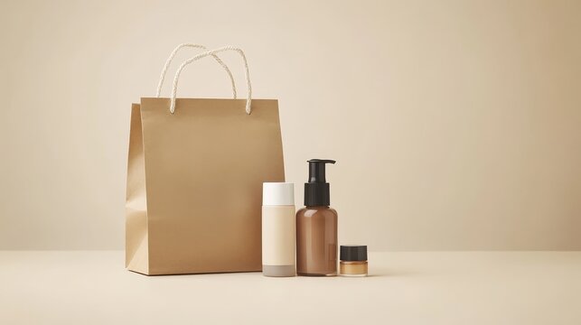 Skincare products on sale!  A brown paper bag of beauty goodies sits on a cream background.
