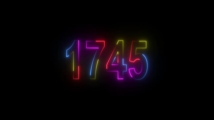 neon sign 1745 ,Four neon color Glowing neon number text background 4k video animation . 1745 title metal text on black alpha channel background