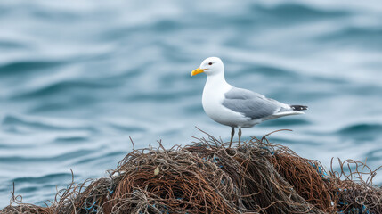 Ocean conservation plastic balanceSeagull stands on tangled fishing nets in ocean highlighting plastic conservation balance