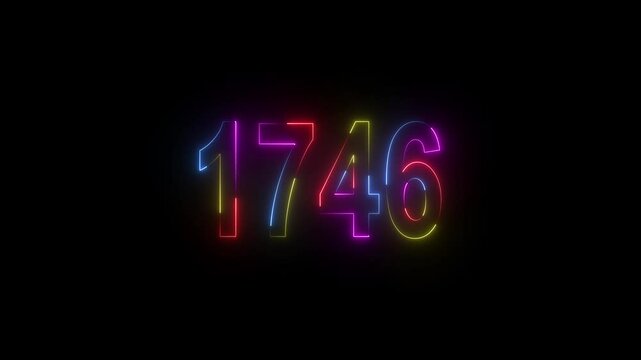 neon sign 1746 ,Four neon color Glowing neon number text background 4k video animation . 1746 title metal text on black alpha channel background