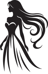 Minimalist Woman Silhouette in Back View with Flowing DressGraceful female silhouette from waist/shoulder up, elegant pose, flowing hair, minimalist style