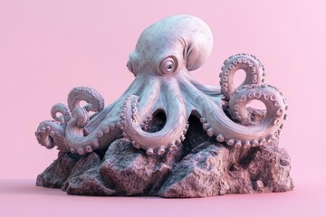 Naklejka premium Pale octopus rests on a rocky outcropping.