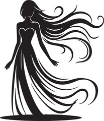 Minimalist Woman Silhouette in Back View with Flowing DressGraceful female silhouette from waist/shoulder up, elegant pose, flowing hair, minimalist style