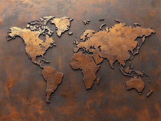 Embossed World Map on Textured Bronze Surface