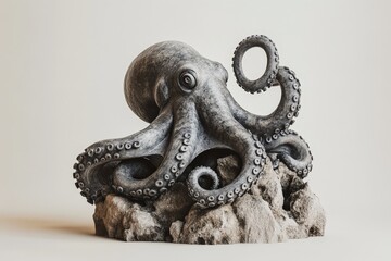Obraz premium Grey octopus sculpture atop a rocky base.