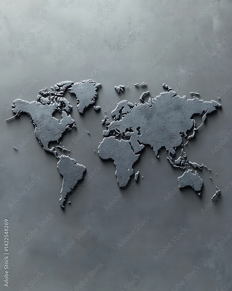 Poster three-dimensional embossed world map on gray background