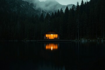 Fototapeta premium Cabin on a lake at night