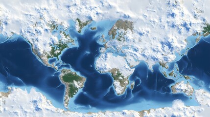 Global landmasses and oceans, showing geological features.