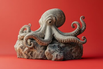 A stone octopus rests on weathered rocks against a vibrant crimson background.