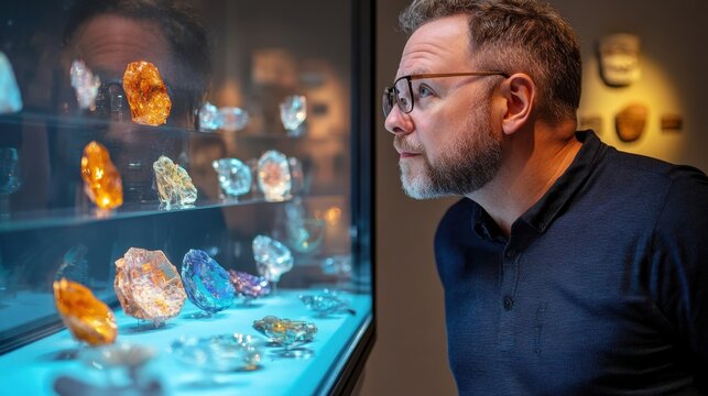 Archaeologist observing minerals in a museum display case