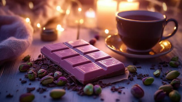 Luxurious pink chocolate bar with coffee and pistachios in candlelit ambience