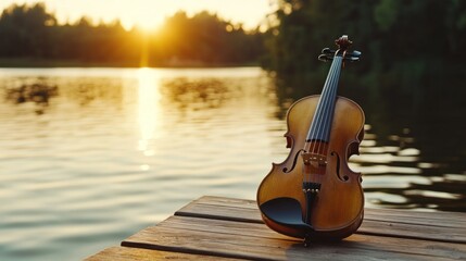 Fototapeta premium Golden sunset backdrop for a violin resting on a wooden dock.