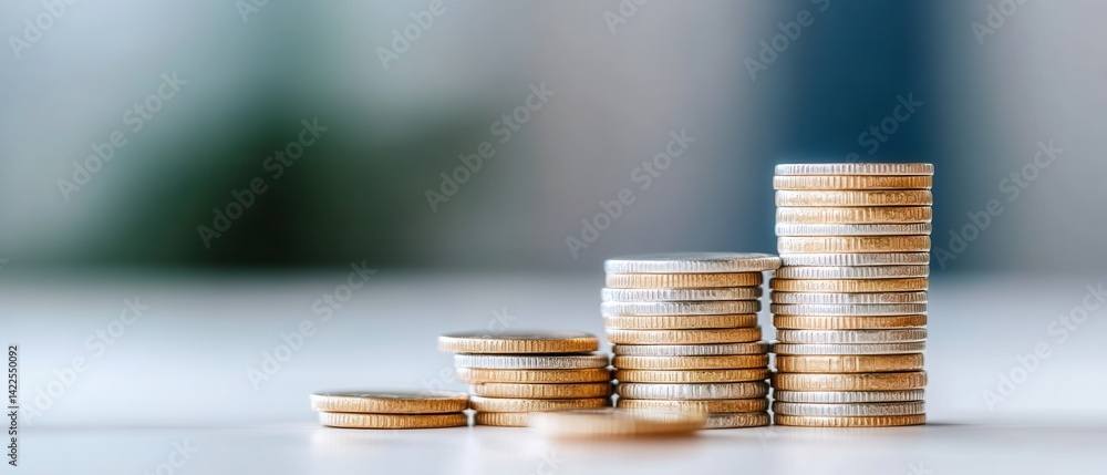 Poster stacked coins on table in a softly lit background for financial concepts