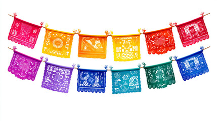Colorful papel picado banners hang, a festive decoration for celebrations, with intricate cut-out designs.