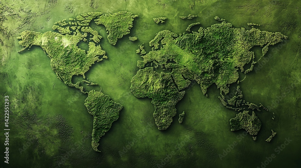 Poster three-dimensional world map with vegetative texture