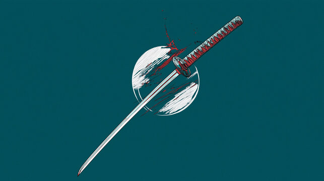 Bold katana slash mark outlined in white against dark teal canvas evoking dynamic martial artistry