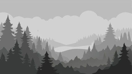Fototapeta premium Foggy Pine Forest in Grayscale Watercolor Style