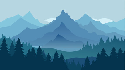 Early Morning Fog over Pine Trees and Peaks