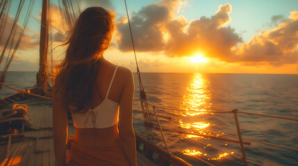 Fototapeta premium Woman on Sailboat Deck Golden Sunset Ocean View.