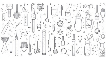 Cocktail making tools line art, bar accessories, recipe background, website banner
