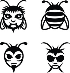 Bee Silhouette Set | Insect Vector Icons in Black Honey Bee Outline Clipart | Flying Bee Silhouettes