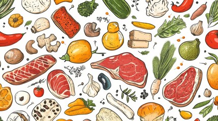 Continuous drawing style background pattern featuring vegetables, fruits, meat, and bakery products. Vector illustration with food theme.