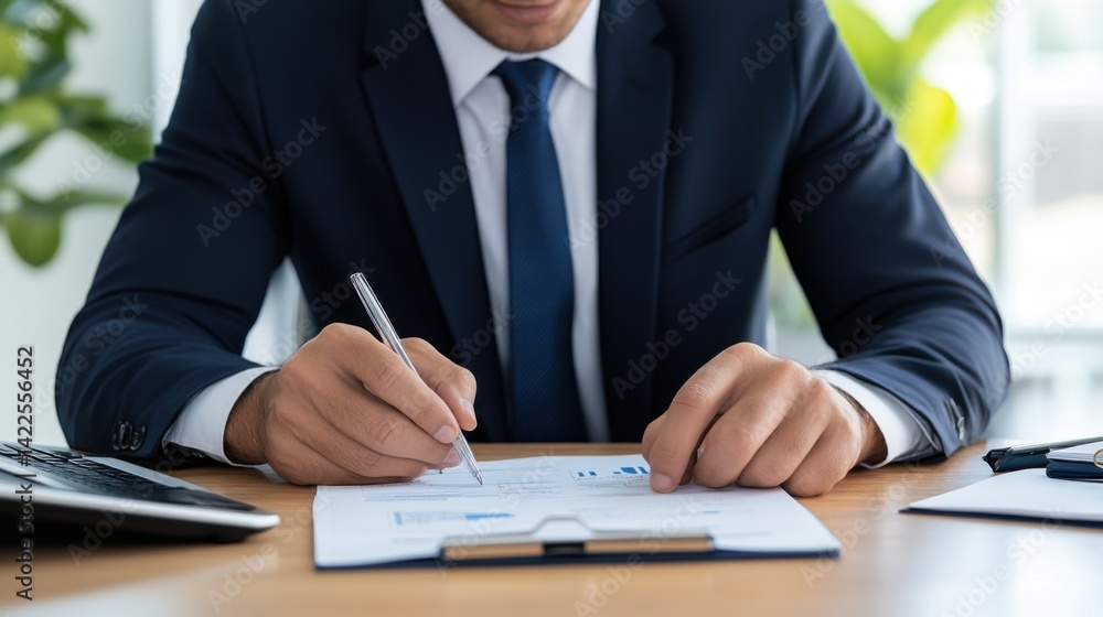 Poster business professional signing document in office setting with laptop and charts on the table, focuse