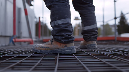 Construction Worker's Feet on Grated Surface