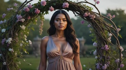 Elegant woman in a satin dress stands beneath a floral archway in a serene garden scene at twilight or dusk, exuding a dreamy romantic aura. - Powered by Adobe