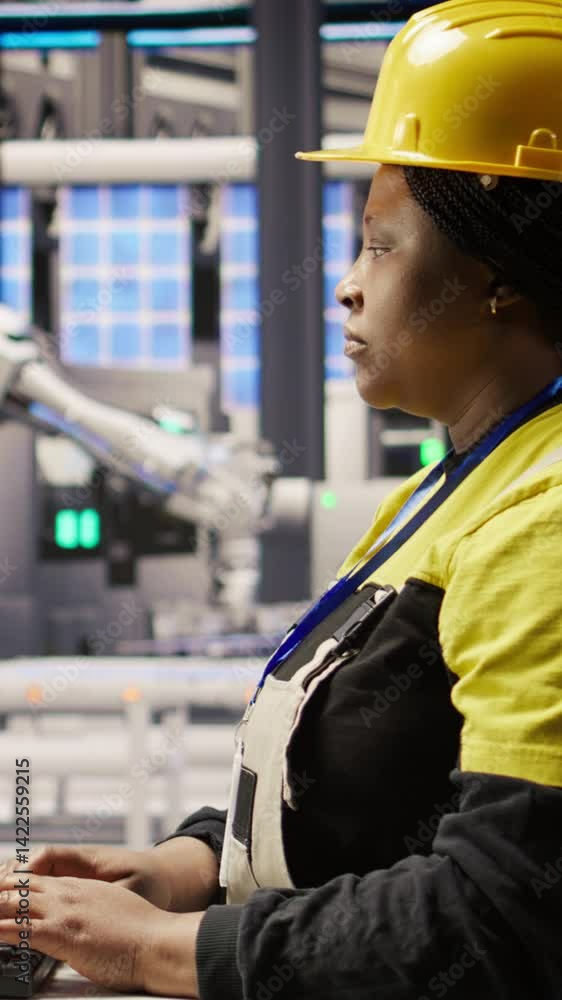 Poster vertical video woman in smart factory expert uses computer to implement automated workflows. african