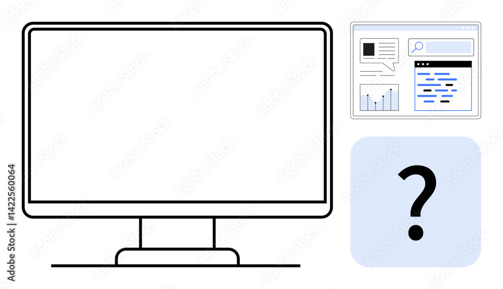 Poster desktop monitor with web search elements thumbs up charts and text, paired with a question symbol. i