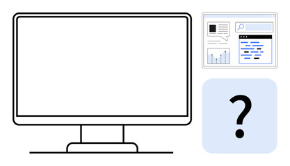 Desktop monitor with web search elements thumbs up charts and text, paired with a question symbol. Ideal for technology, research, education, problem-solving, analytics, innovation, simple landing